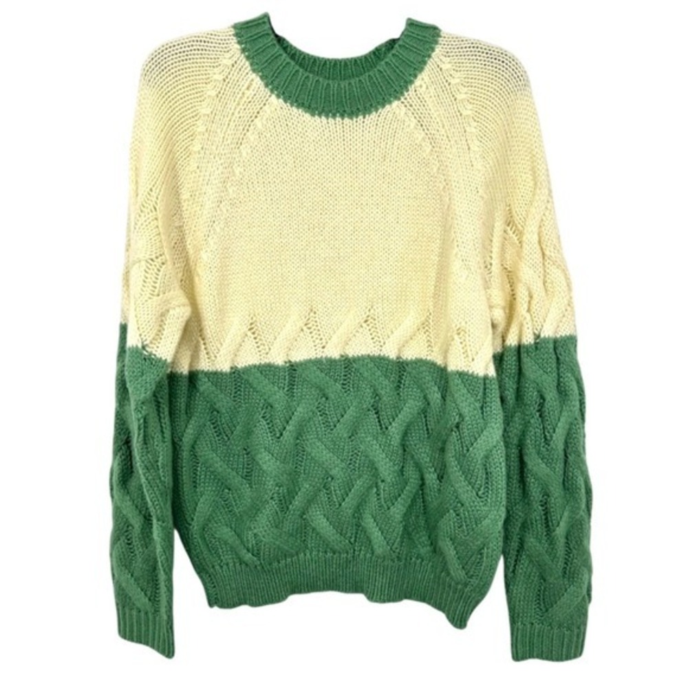BLANKNYC Women's Size Medium Cream Green Colorblock Cable Knit Sweater NWOT